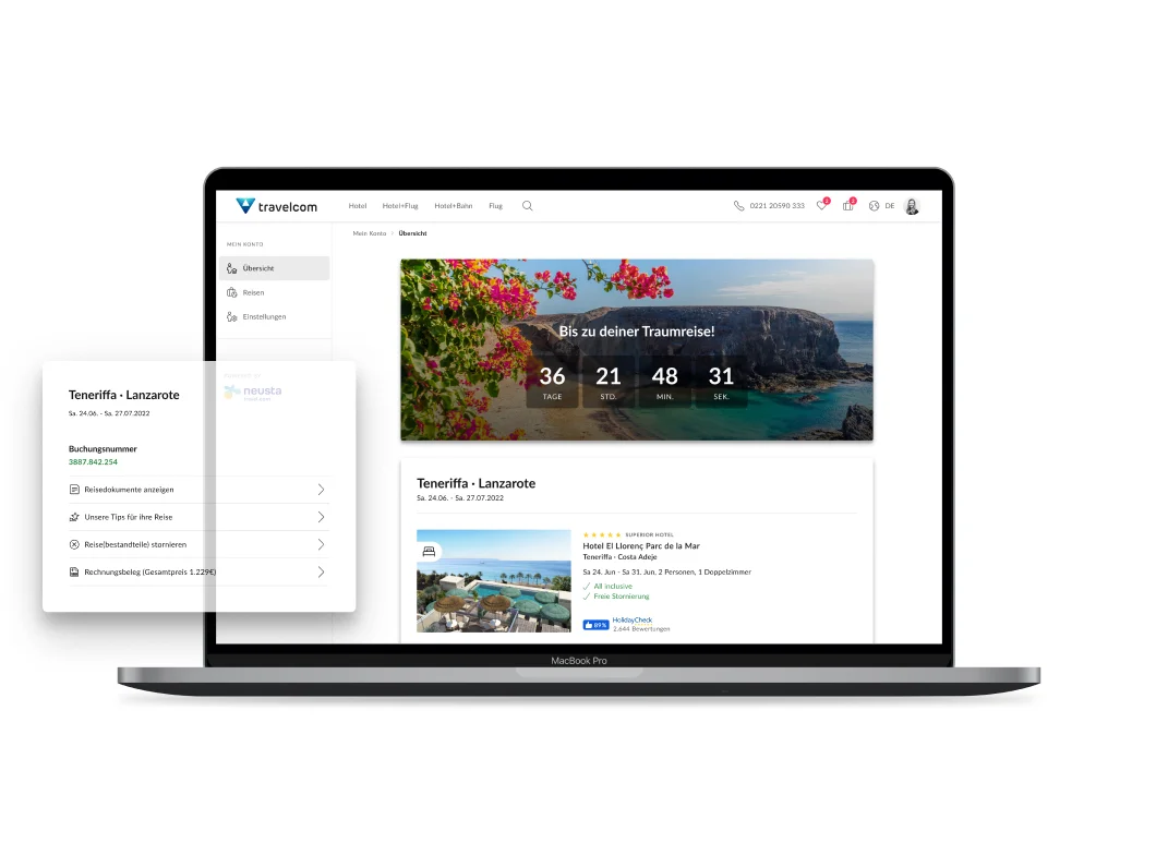 Endkundenbereich mit Countdown bis zur nächsten Reise