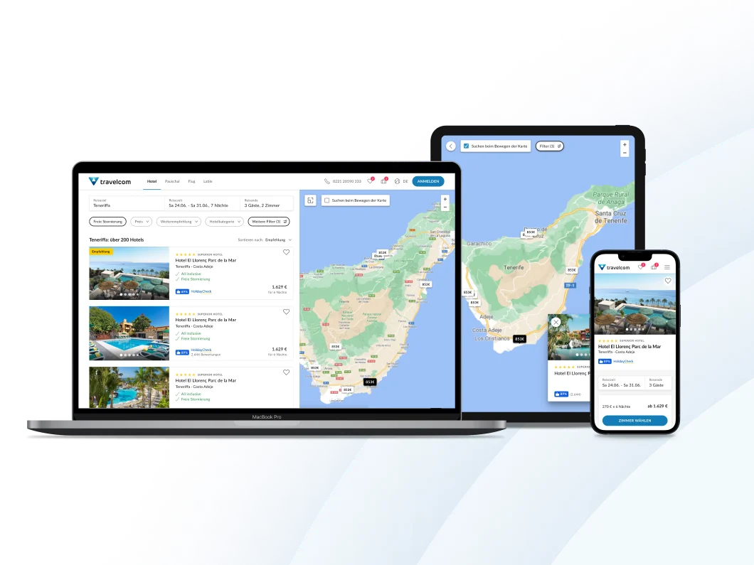 3 Ansichten aus der Buchungsstrecke auf unterschiedlichen Endgeräten
